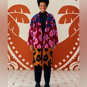 Farm Rio Mixed Leopards Tie-Belt Multicolor Fleece / Wool Blend Coat Size Small